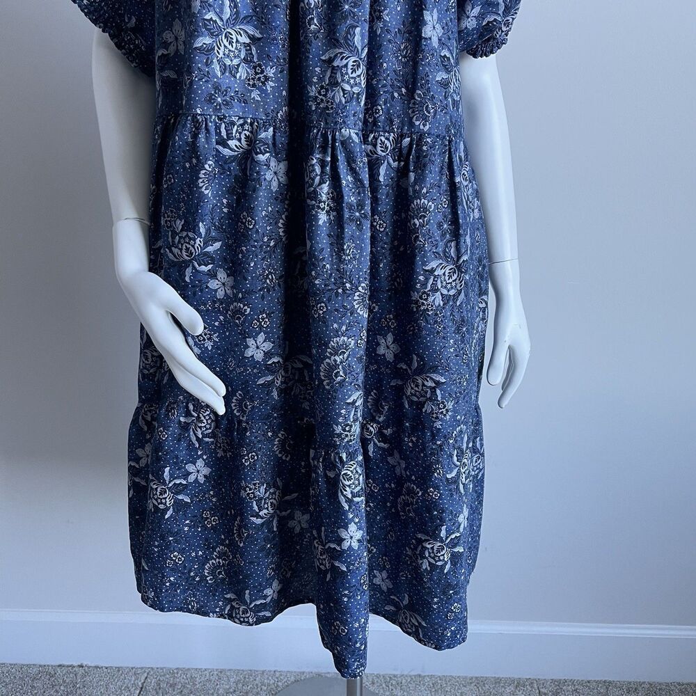 Torrid‎ Plus Size 1X Chambray Floral Puff Sleeve Smocked Tiered Dress Blue - Picture 5 of 13